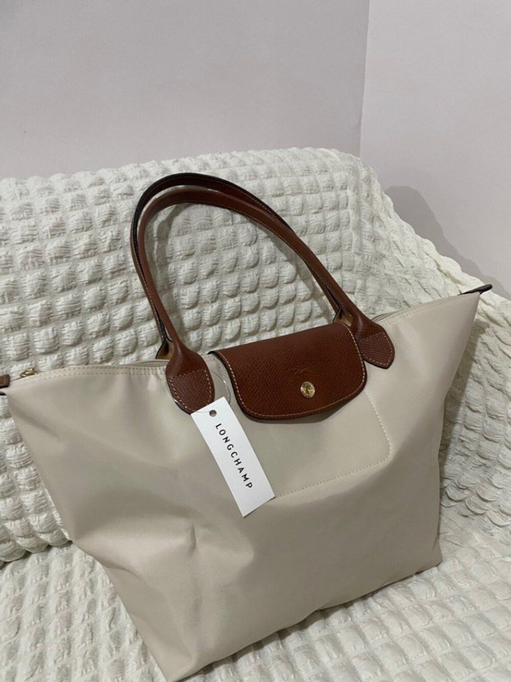 NWT Longchamp Original Large Handbag Tote Paper White Canvas Tablet Shoulder L
